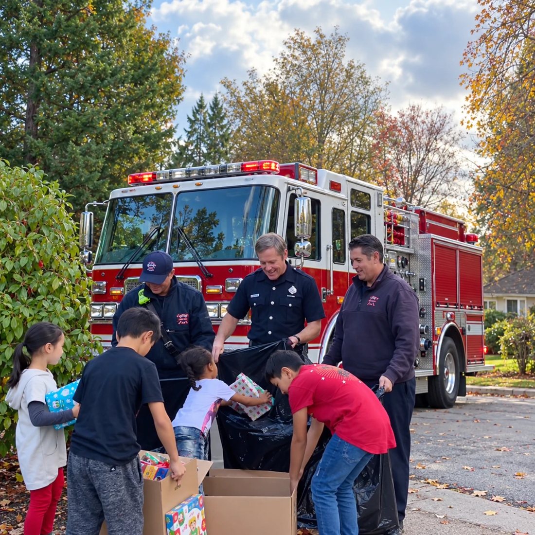Firefighters and kids loading wrapped gifts into boxes in front of a fire truck