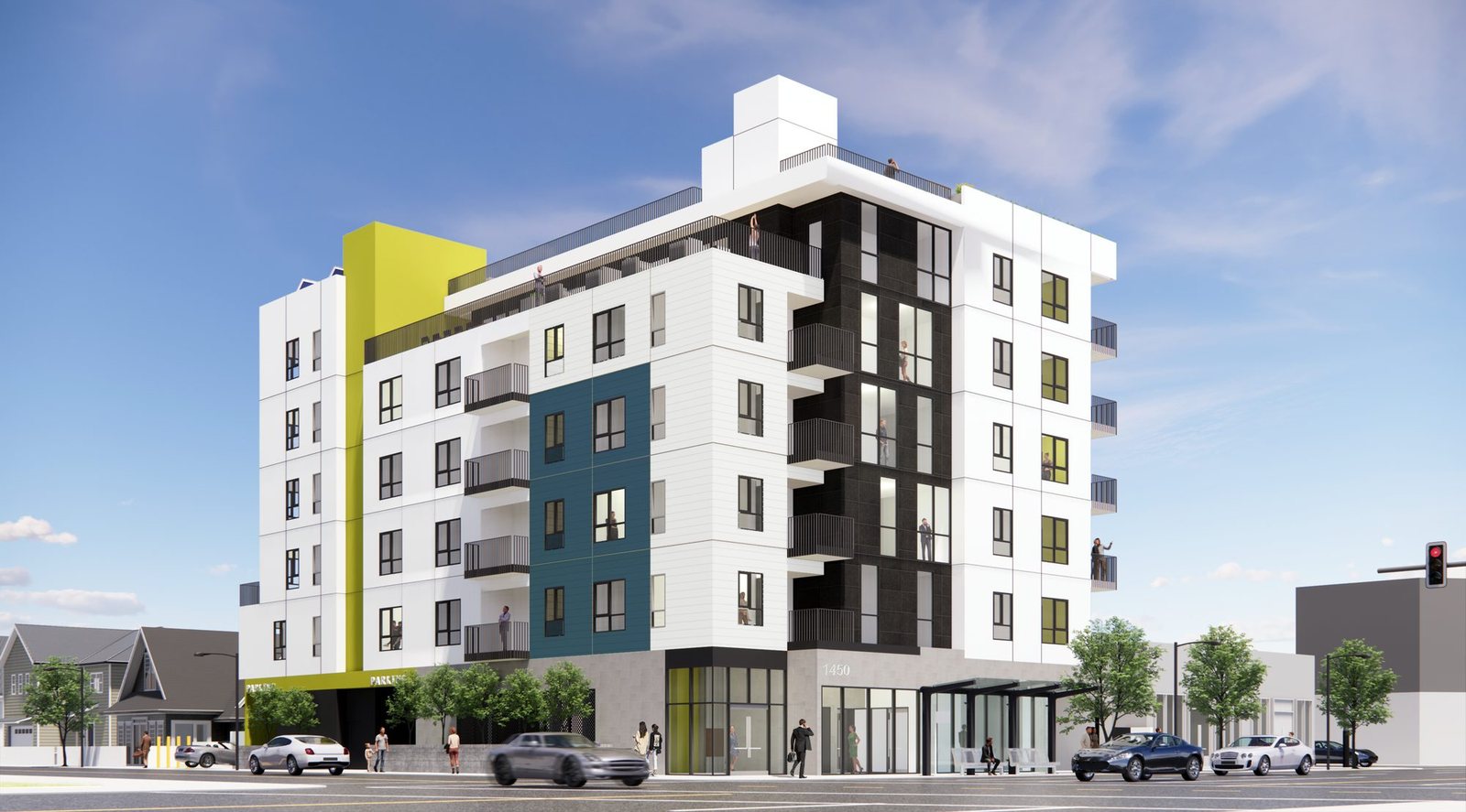Rendering of 1450 Washington, a six-story apartment building in Los Angeles